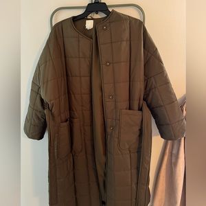 puffer trench coat in olive green.